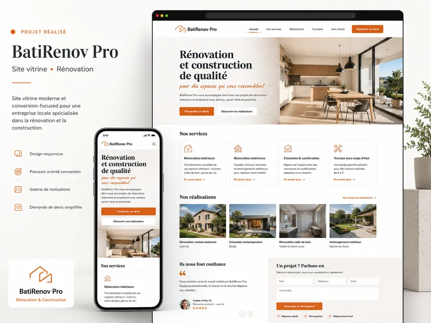 Concept de site vitrine pour une entreprise de rénovation et construction — page d'accueil desktop et mobile