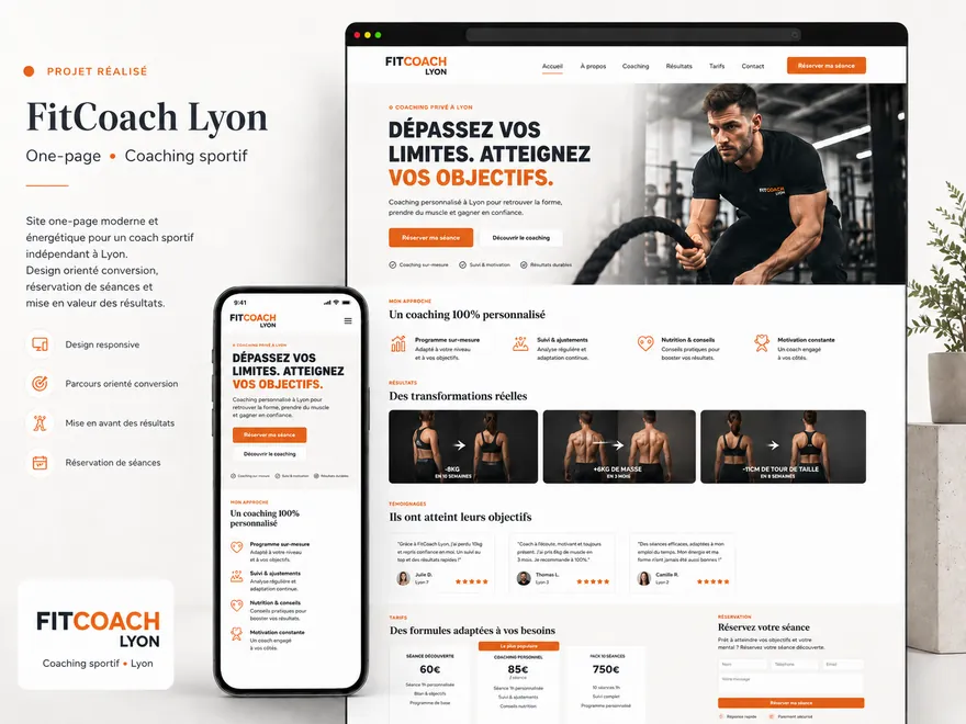 Concept de site one-page pour un coach sportif à Lyon — réservation de séances et tarifs