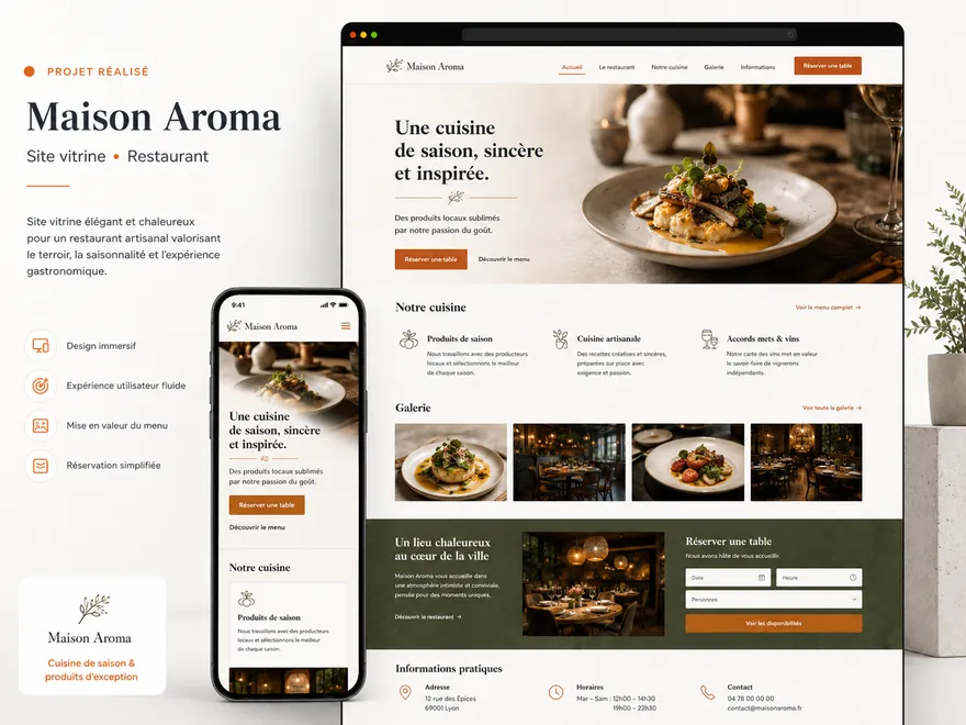 Concept de site vitrine pour un restaurant — mise en valeur du menu, galerie et réservation de table