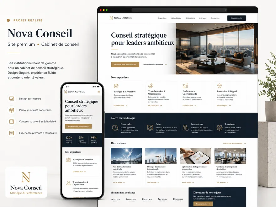Concept de site premium pour un cabinet de conseil stratégique — design institutionnel élégant