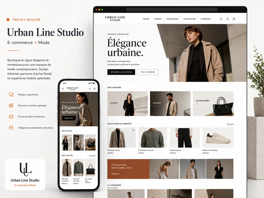 Concept de boutique e-commerce pour une marque de mode — parcours d'achat et fiches produits